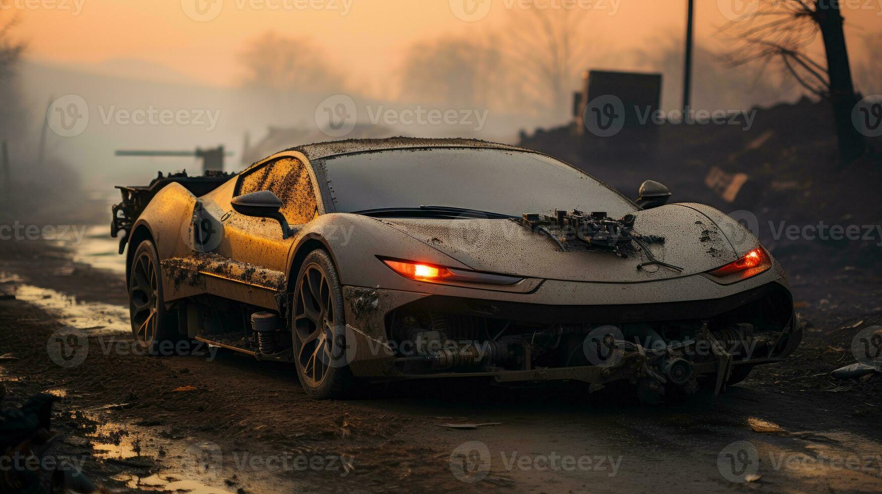 retro super car destroyed post apocalypse landscape game wallpaper photo art illustration rust