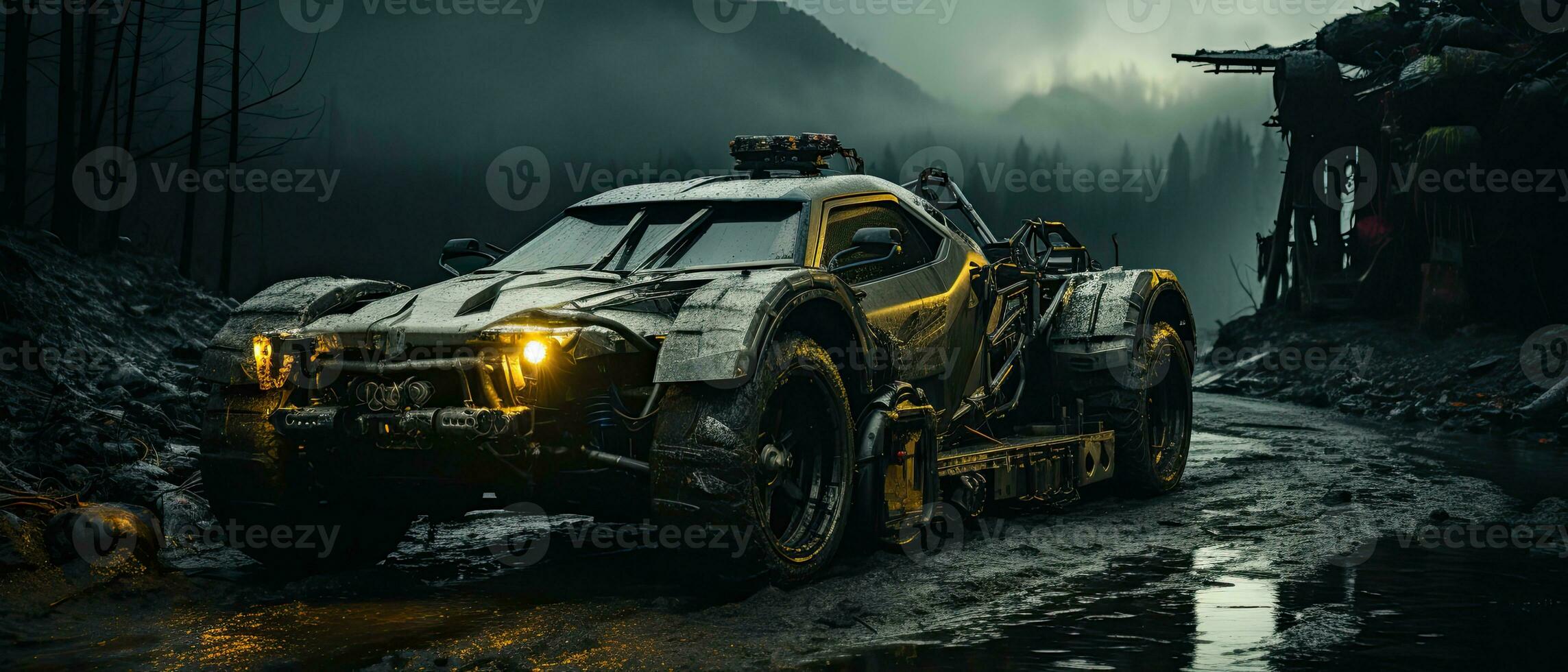 retro super car destroyed post apocalypse landscape game wallpaper photo art illustration rust