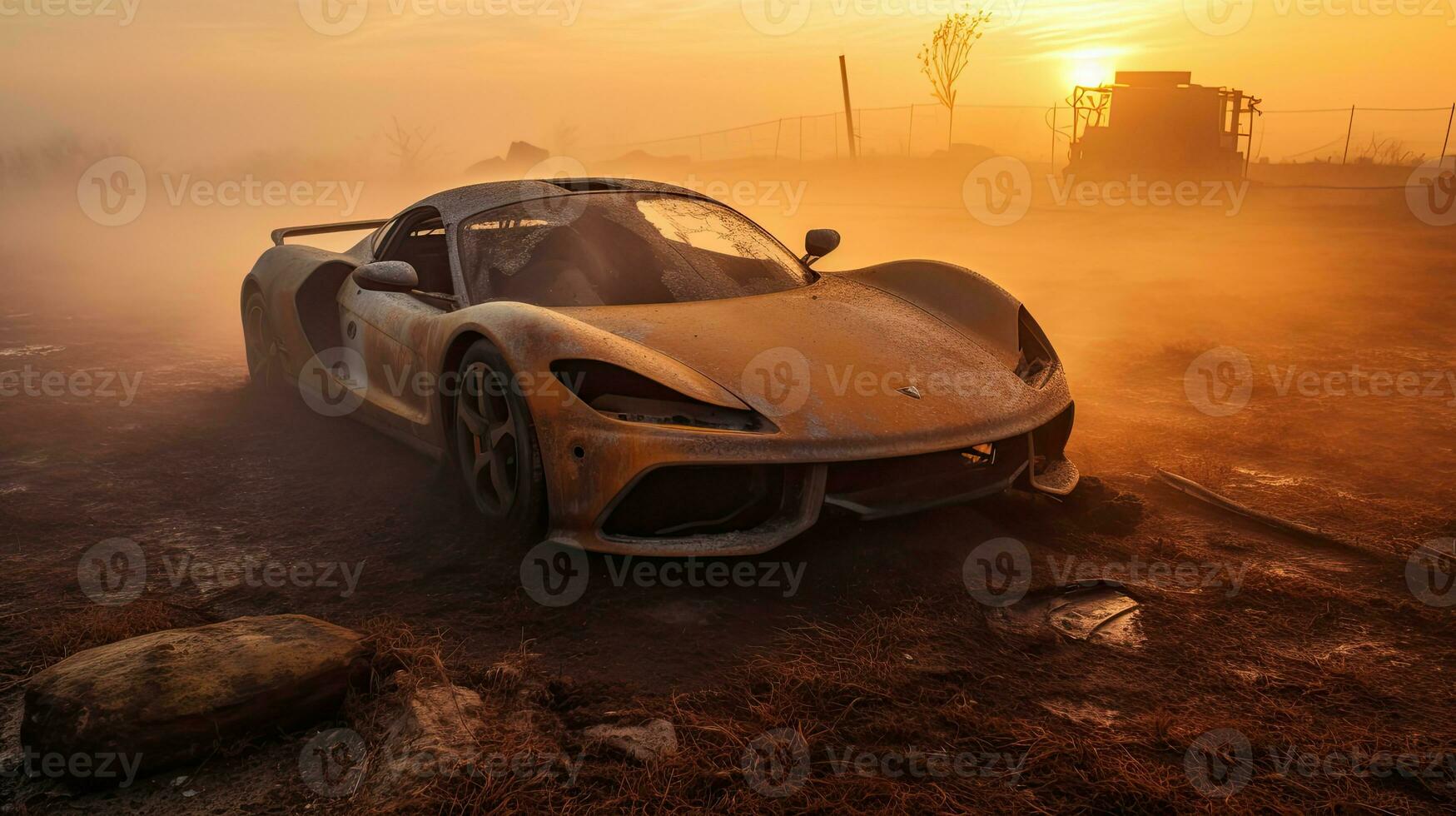 retro super car destroyed post apocalypse landscape game wallpaper photo art illustration rust