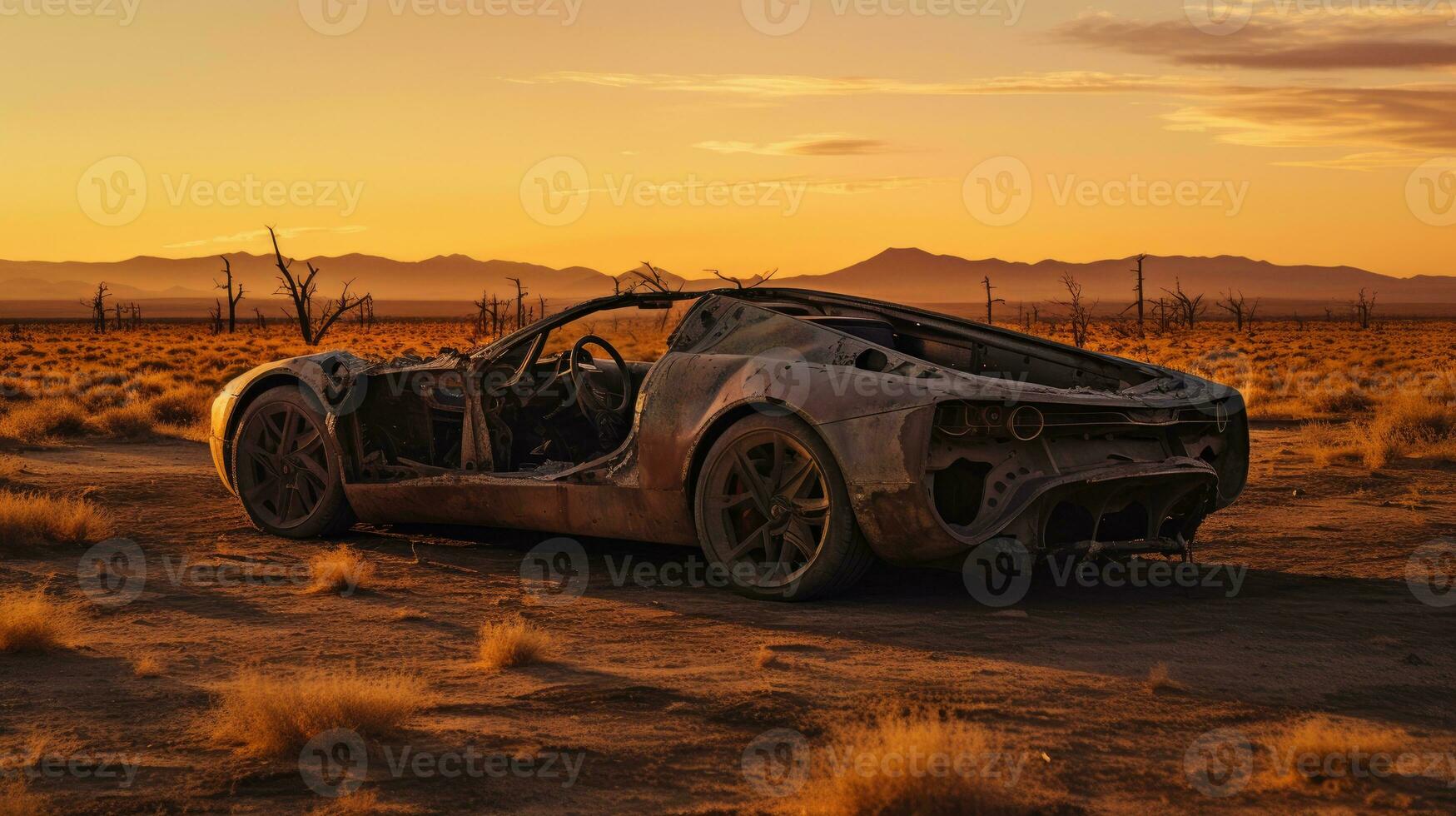 retro super car destroyed post apocalypse landscape game wallpaper photo art illustration rust