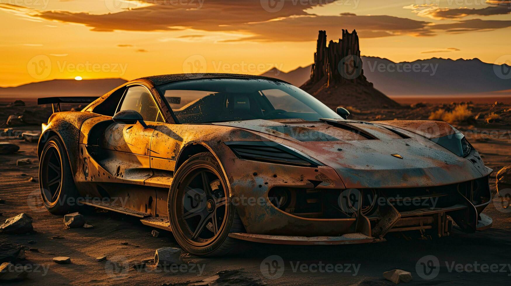 retro super car destroyed post apocalypse landscape game wallpaper photo art illustration rust