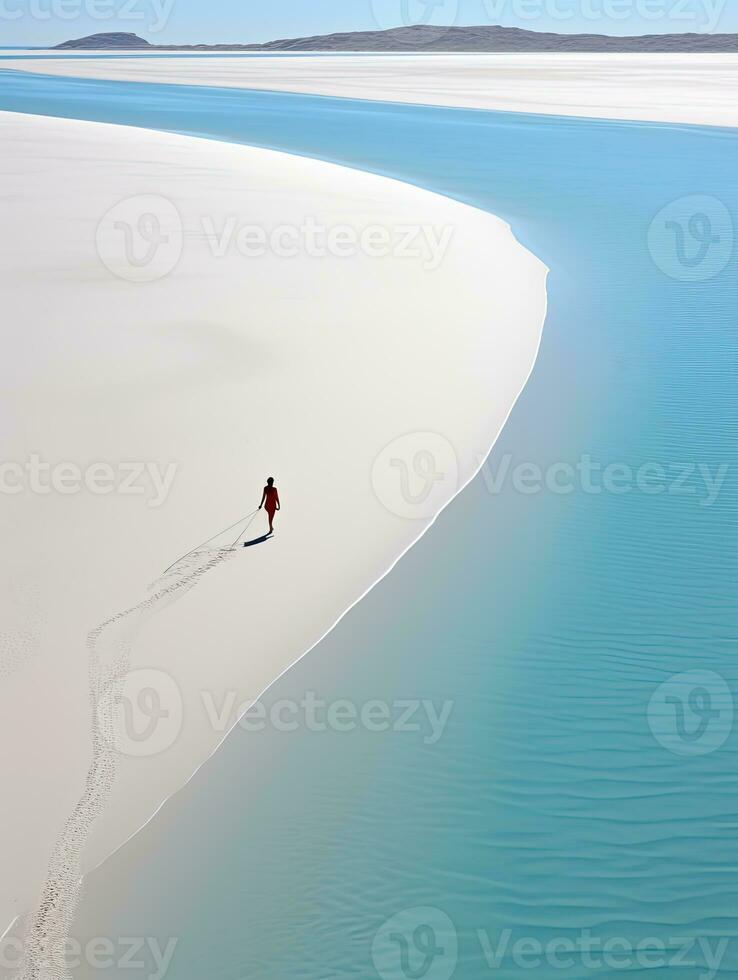 woman beach sand paradise ocean sea back drone top view waves silence serenity zen tranquility photo
