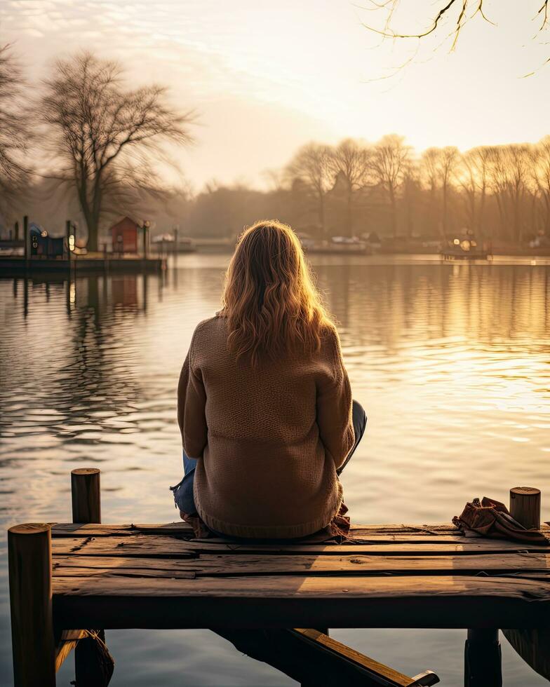 rising meditation silence reflection rest lake landscape silence photo zen relaxation lonely woman