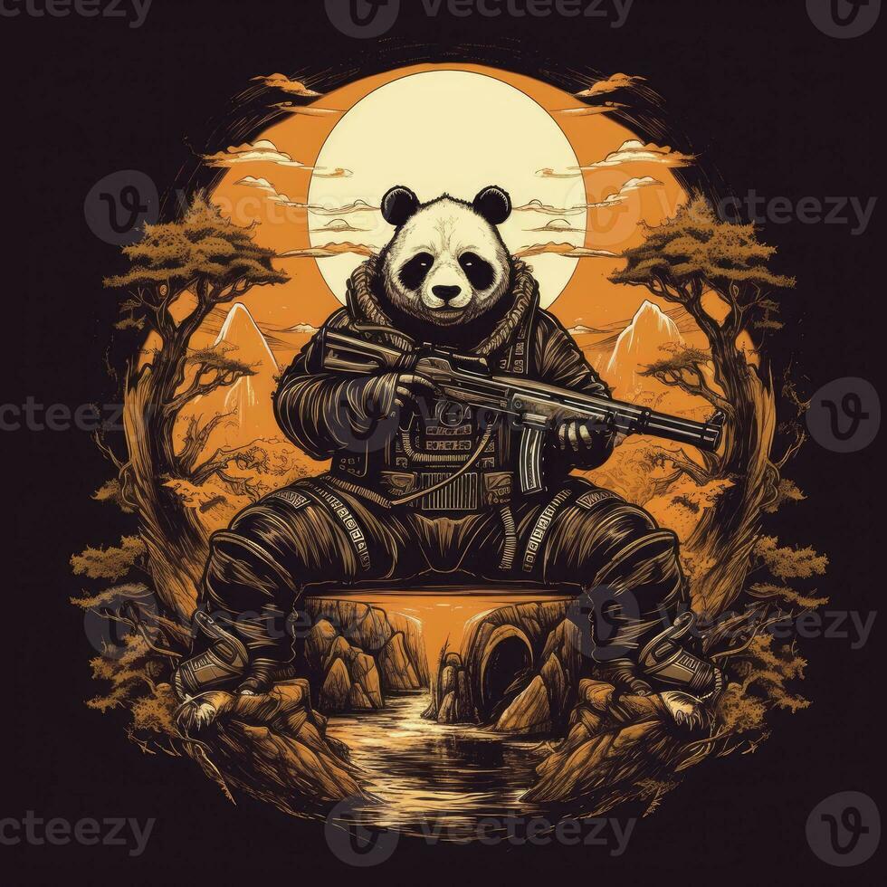 panda gun rifle tshirt design mockup printable cover tattoo isolated vector illustration artwork photo