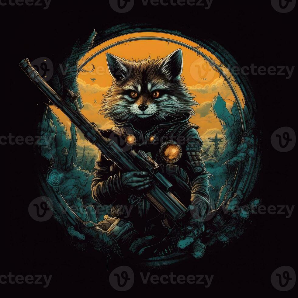 raccoon gun rifle tshirt design mockup printable cover tattoo isolated vector illustration artwork photo
