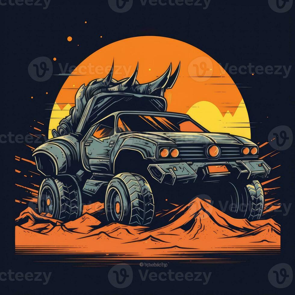 mad max car mosnter truck tshirt design mockup printable cover tattoo isolated vector illustration photo