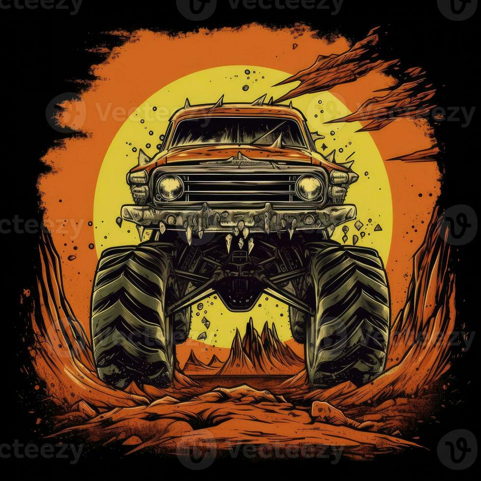 mad max car mosnter truck tshirt design mockup printable cover tattoo isolated vector illustration photo