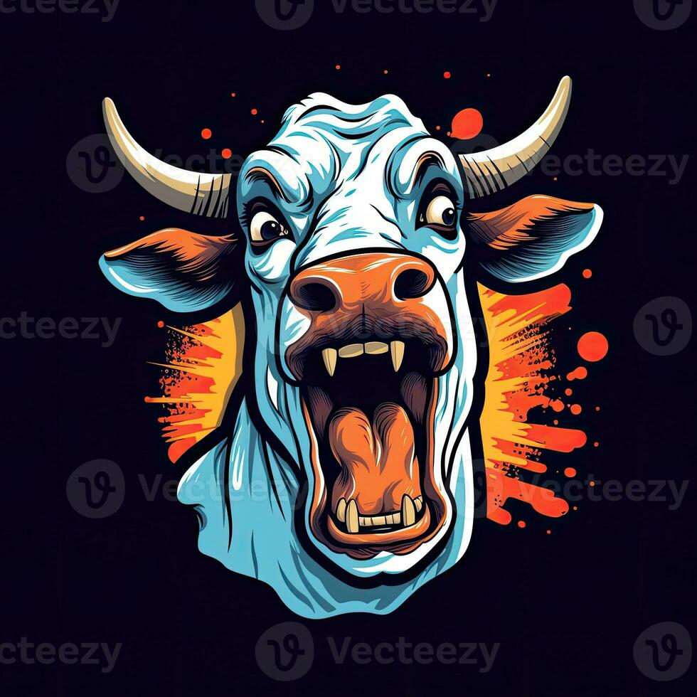 crazy cow scream tshirt design mockup printable cover tattoo isolated vector illustration artwork photo