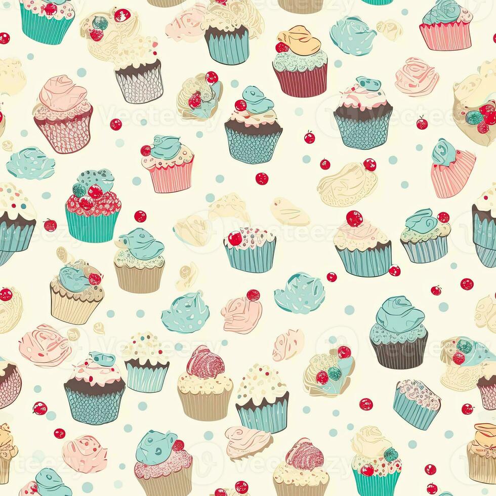 cupcakes sweet seamless pattern floral scrapbooking sheet design pastel print painting watercolor photo