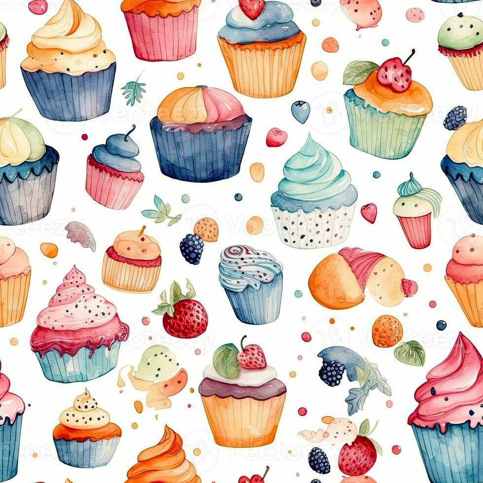 cupcakes sweet seamless pattern floral scrapbooking sheet design pastel print painting watercolor photo