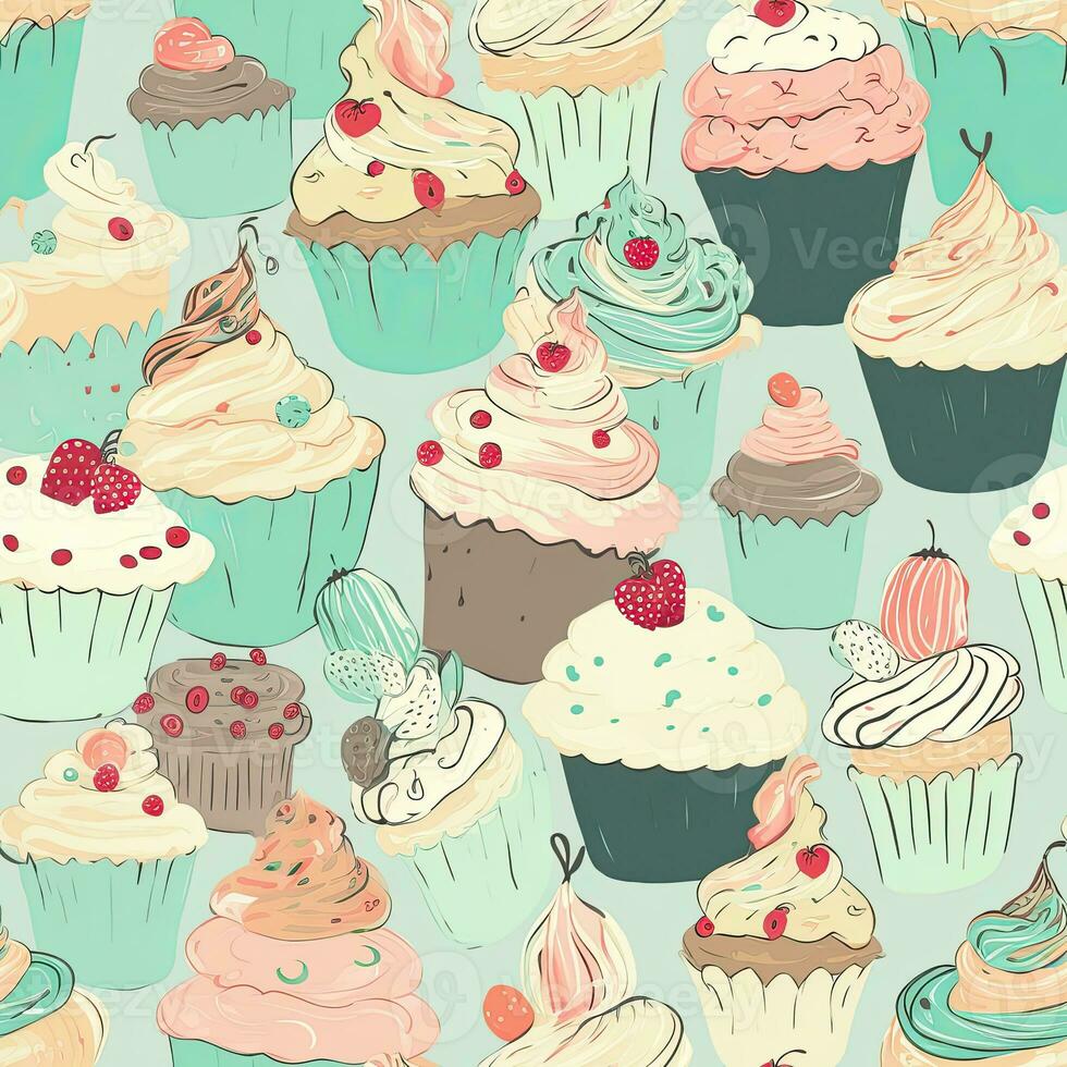 cupcakes sweet seamless pattern floral scrapbooking sheet design pastel print painting watercolor photo