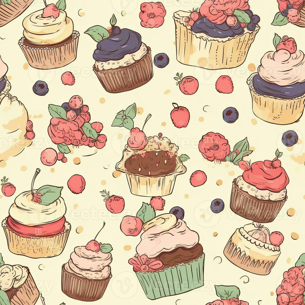 cupcakes sweet seamless pattern floral scrapbooking sheet design pastel print painting watercolor photo