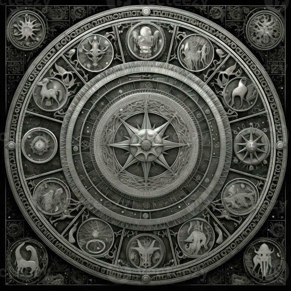 silver mystical cosmos compass planet tarot card constellation navigation zodiac illustration photo