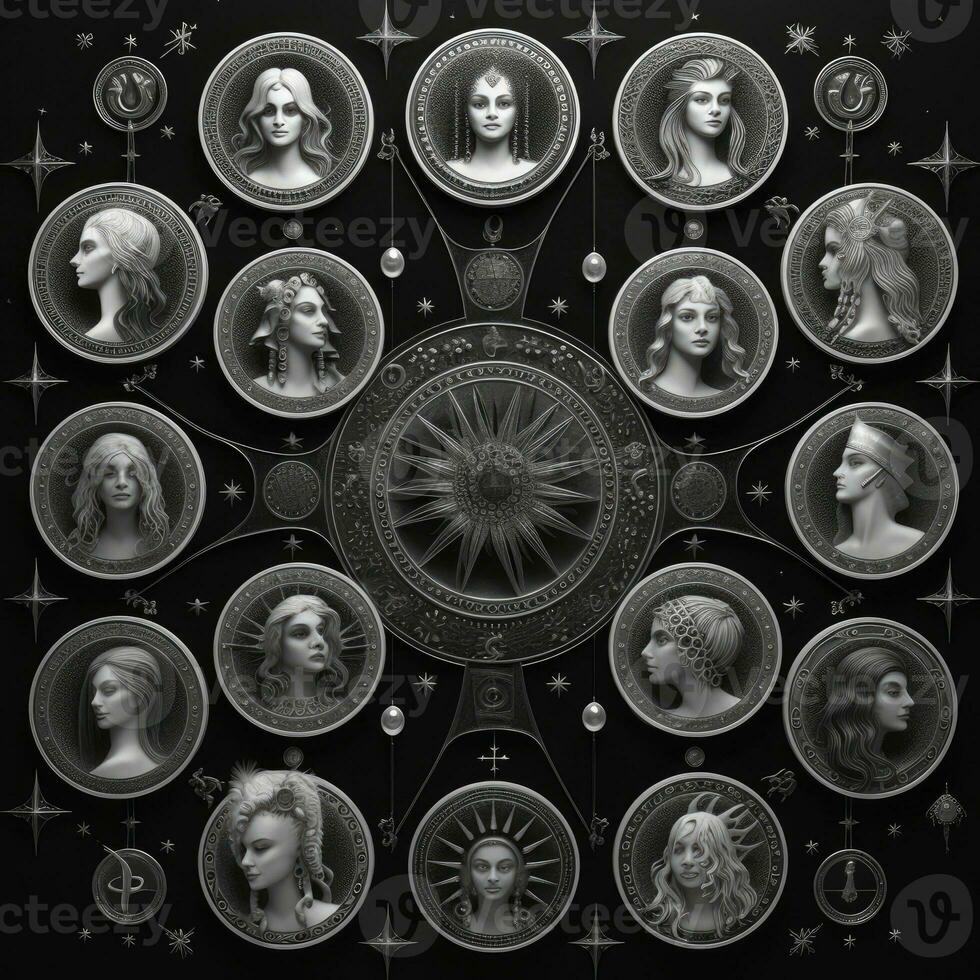 silver mystical cosmos compass planet tarot card constellation navigation zodiac illustration photo