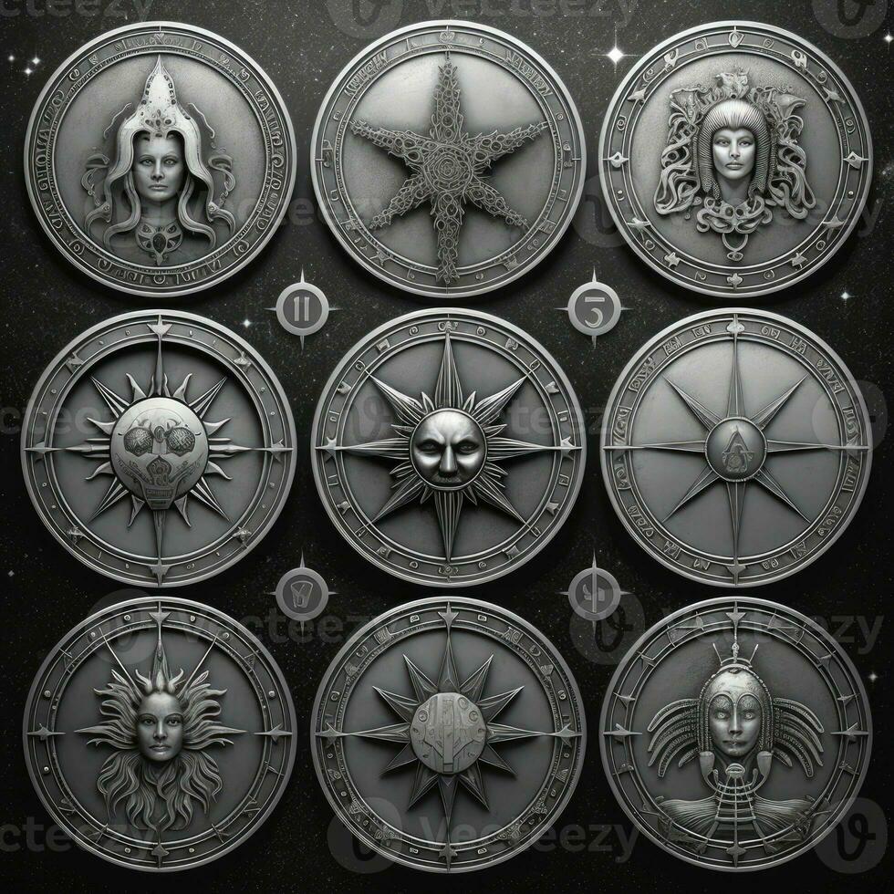 silver mystical cosmos compass planet tarot card constellation navigation zodiac illustration photo