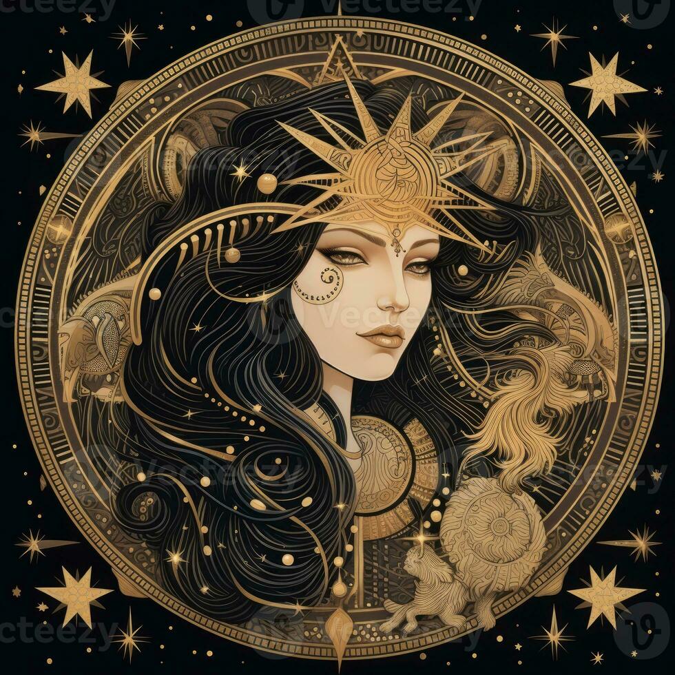 woman face mystical cosmos compass planet tarot card constellation navigation zodiac illustration photo