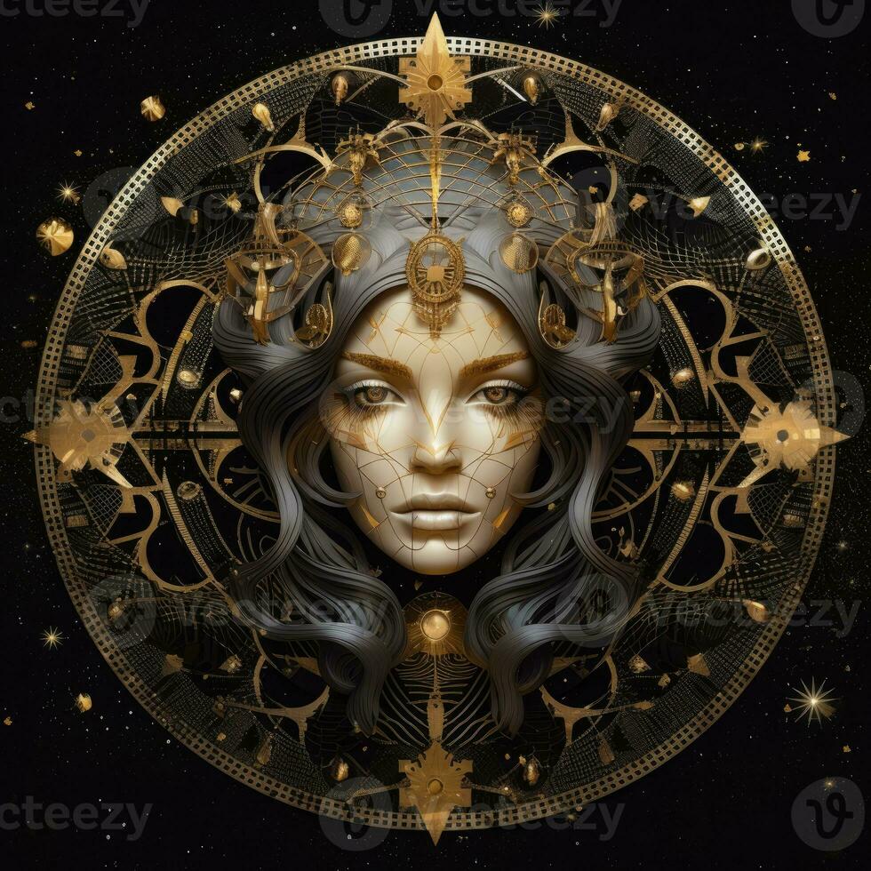 woman face mystical cosmos compass planet tarot card constellation navigation zodiac illustration photo