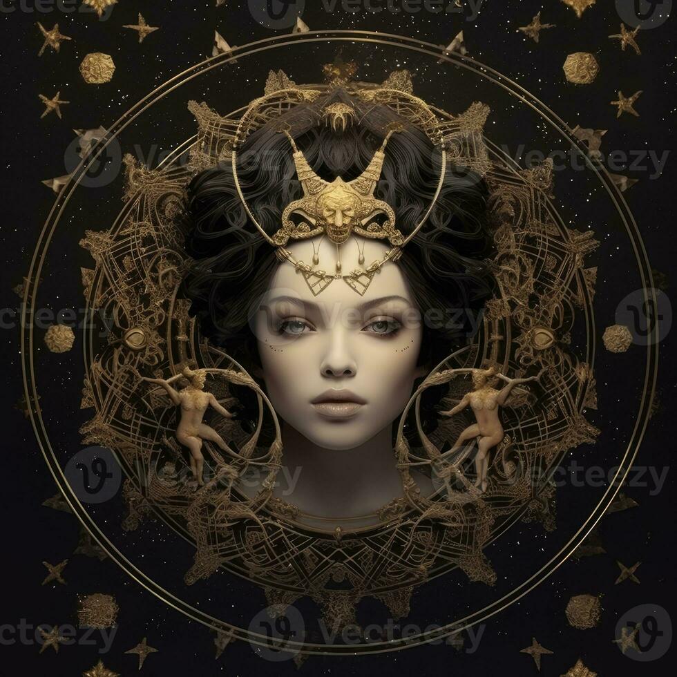 woman face mystical cosmos compass planet tarot card constellation navigation zodiac illustration photo