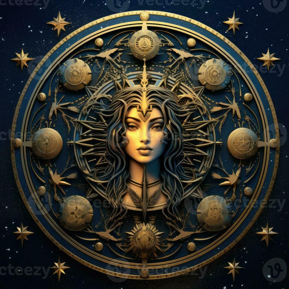 woman face mystical cosmos compass planet tarot card constellation navigation zodiac illustration photo