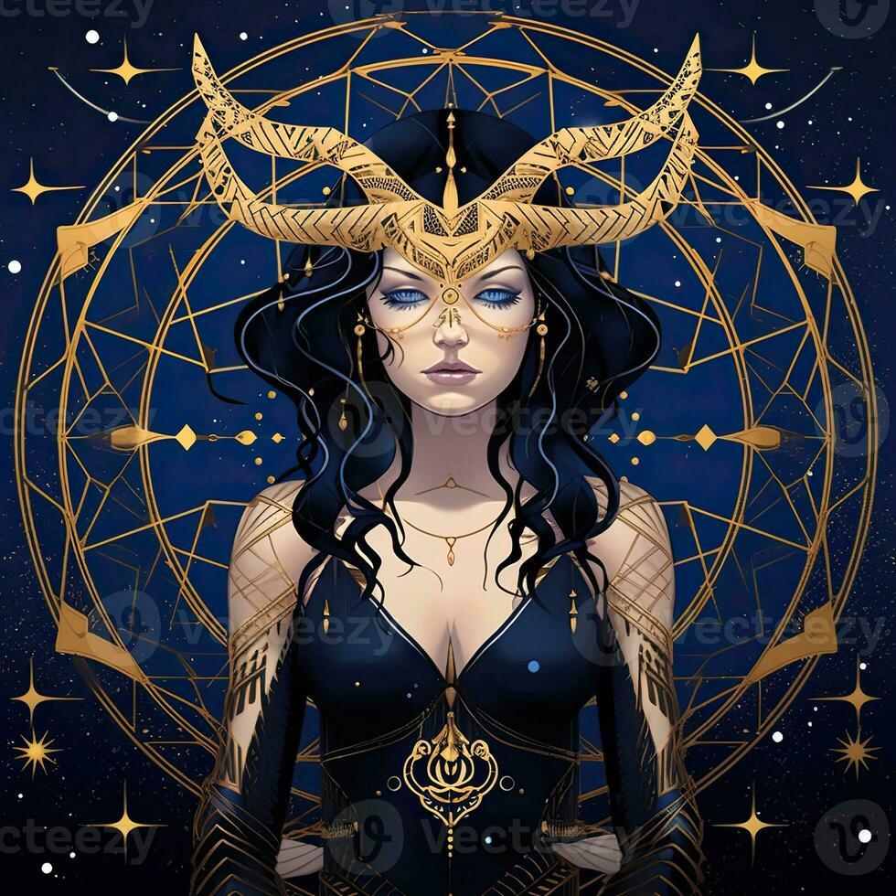 woman face mystical cosmos compass planet tarot card constellation navigation zodiac illustration photo