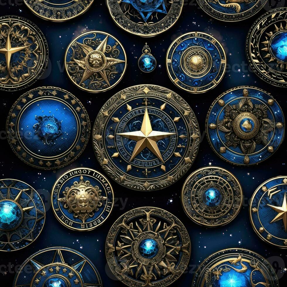 blue mystical cosmos compass planet tarot card constellation navigation zodiac illustration photo