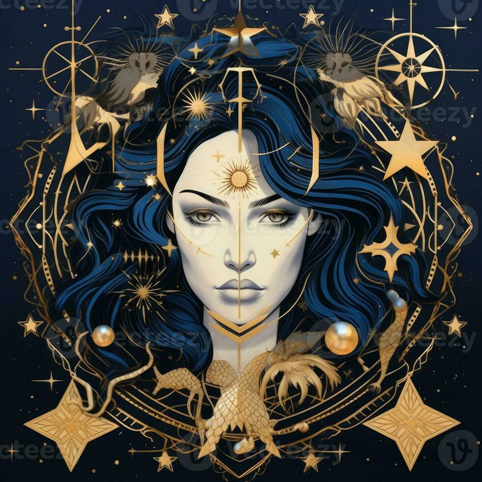 woman face mystical cosmos compass planet tarot card constellation navigation zodiac illustration photo