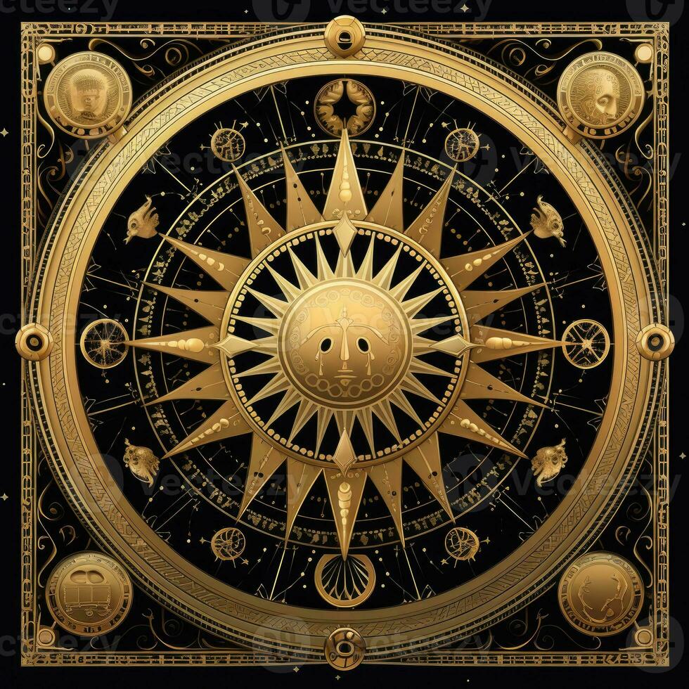 golden mystical cosmos compass planet tarot card constellation navigation zodiac illustration photo