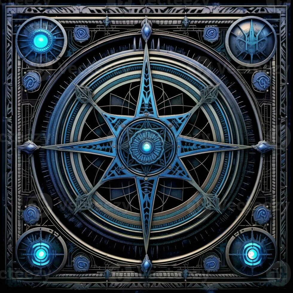 blue mystical cosmos compass planet tarot card constellation navigation zodiac illustration photo