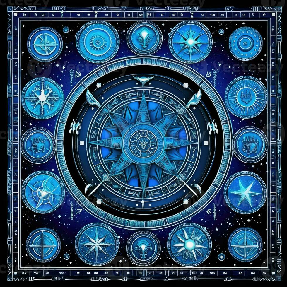 blue mystical cosmos compass planet tarot card constellation navigation zodiac illustration photo