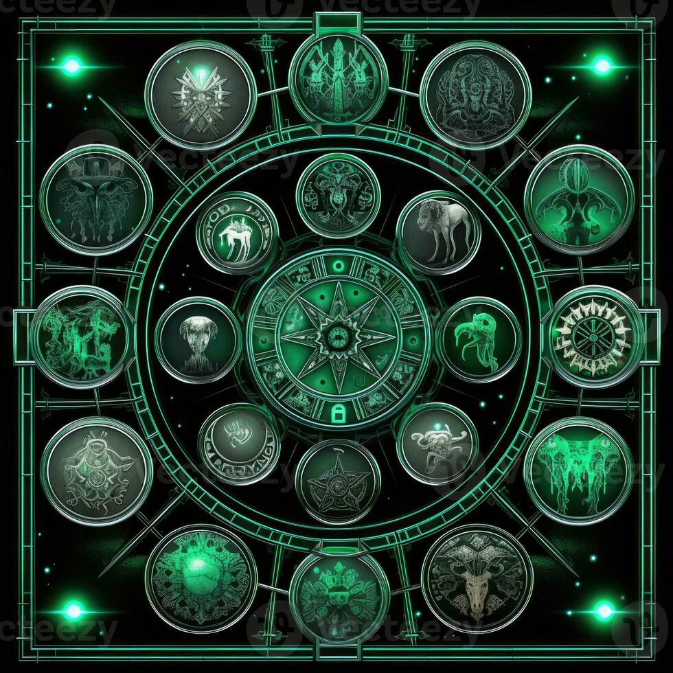 green azure mystical cosmos compass planet tarot card constellation navigation zodiac illustration photo
