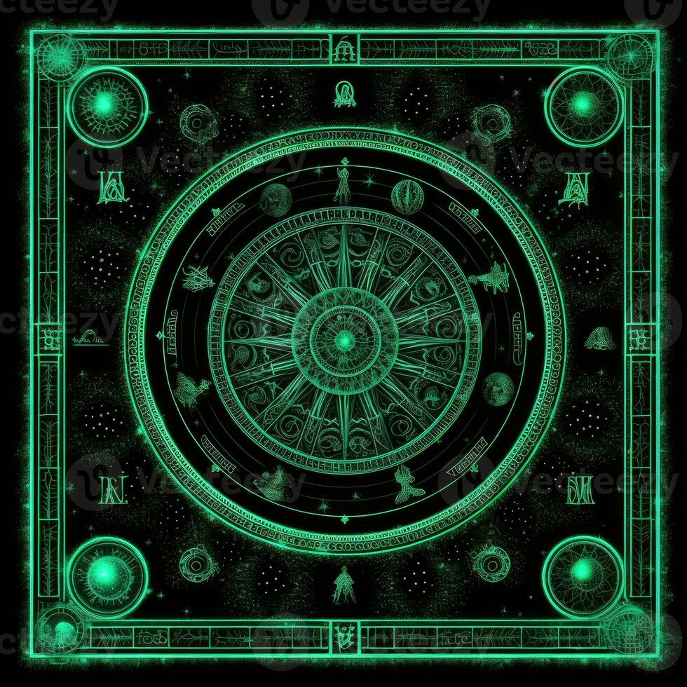 green azure mystical cosmos compass planet tarot card constellation navigation zodiac illustration photo