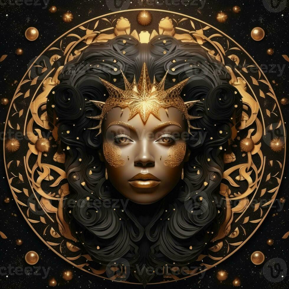 woman face mystical cosmos compass planet tarot card constellation navigation zodiac illustration photo
