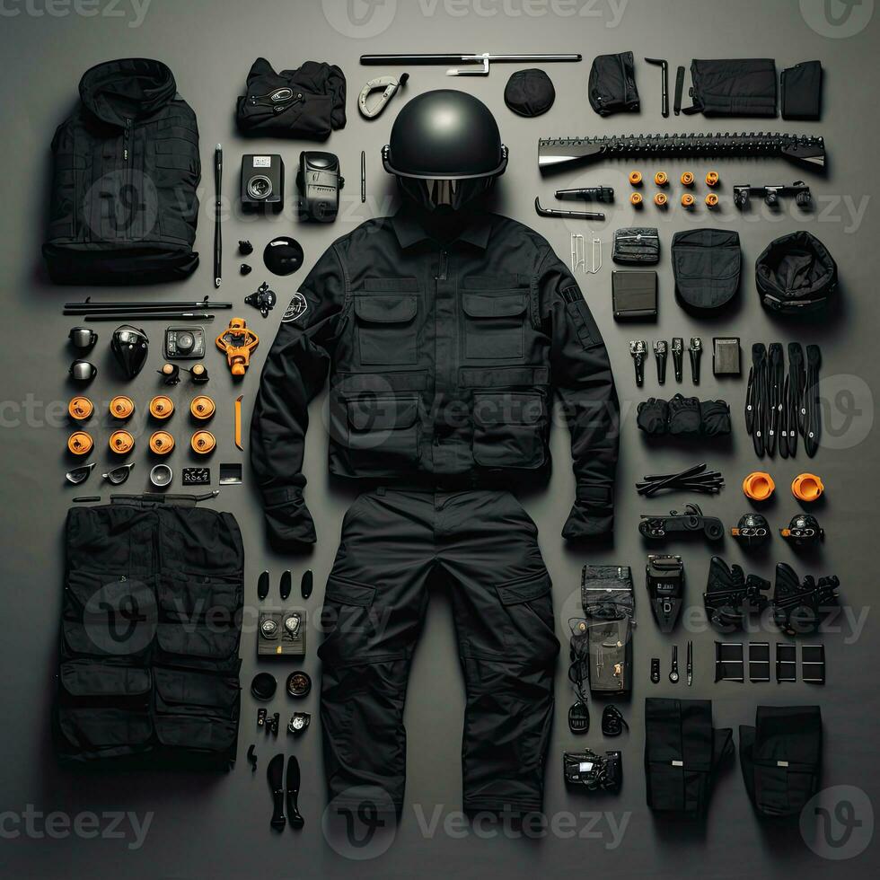 aplastar policía Ejército Clásico knolling plano pone moda foto salón elegante ropa colección conjunto