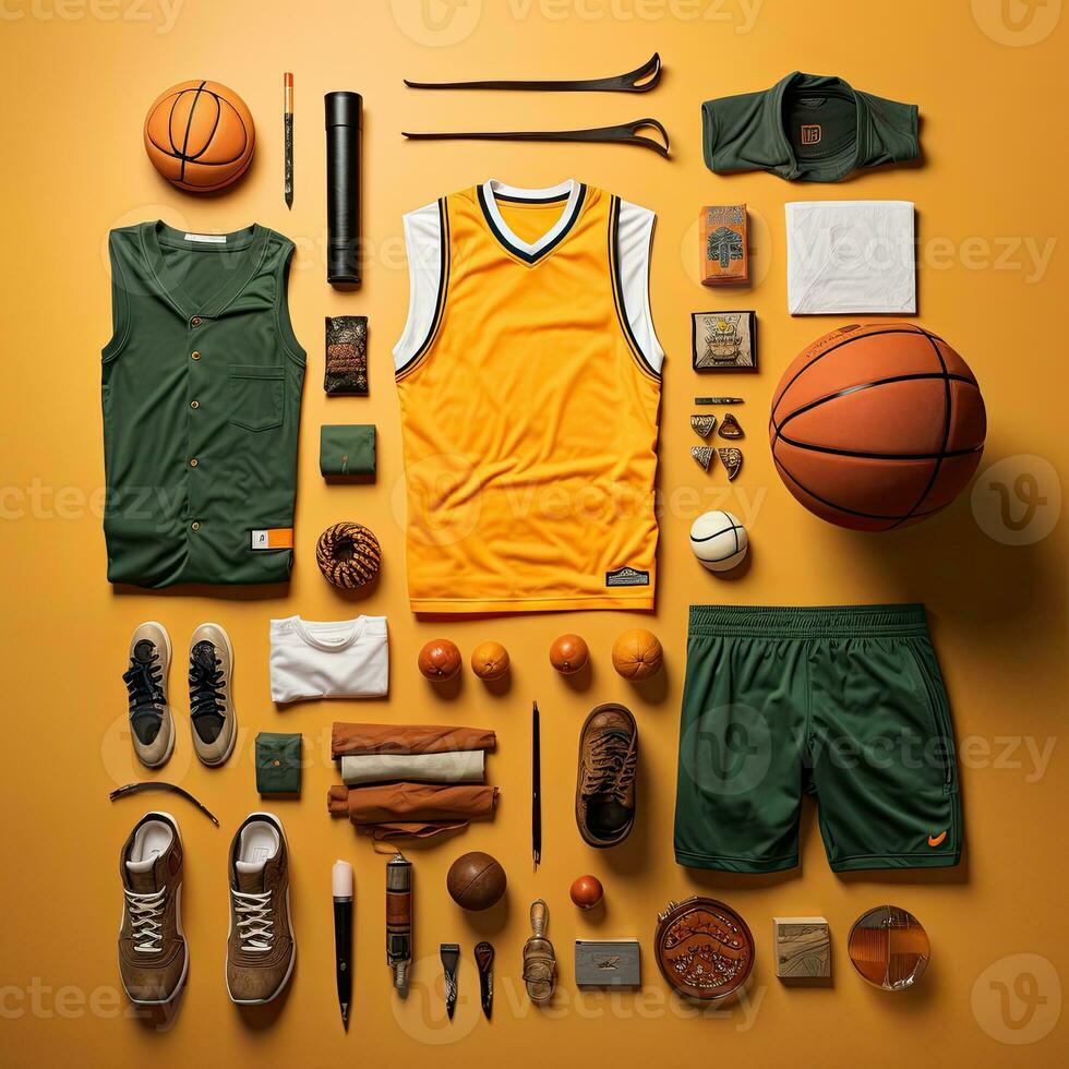 deporte baloncesto Clásico knolling plano pone moda foto salón elegante ropa colección conjunto