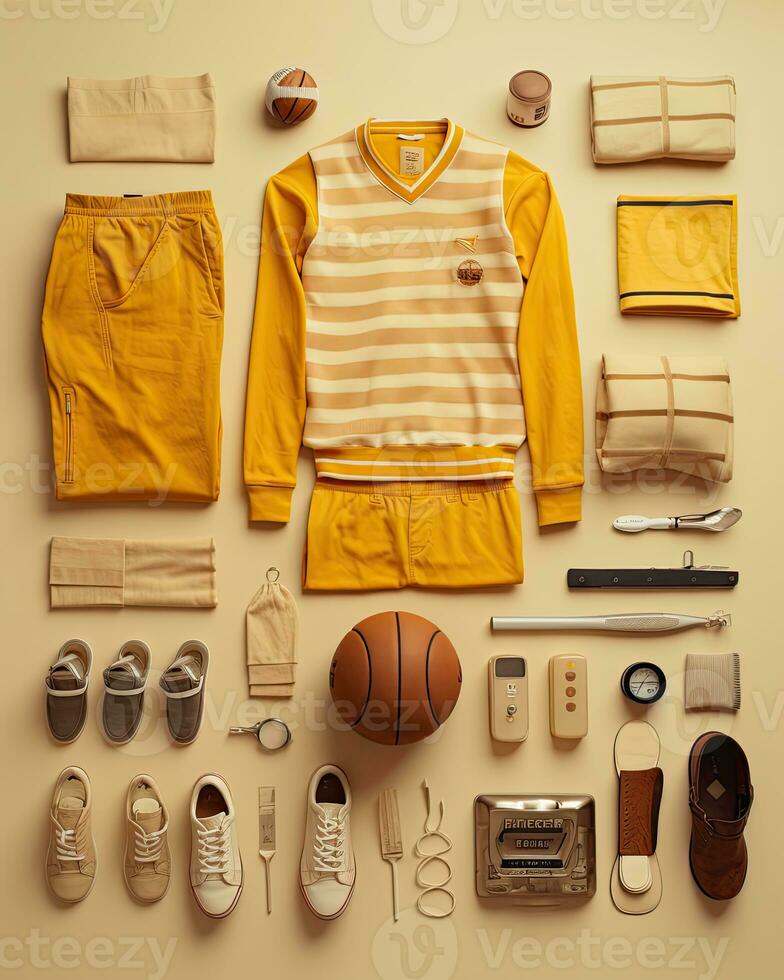 deporte baloncesto Clásico knolling plano pone moda foto salón elegante ropa colección conjunto