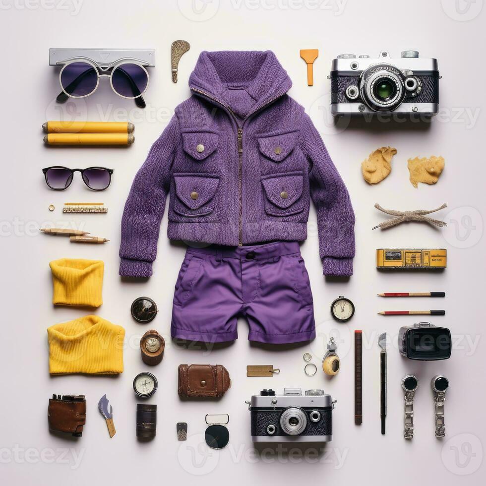 tourist voyager Vintage Knolling Flat Lays vogue photo stylish clothes fashion collection set