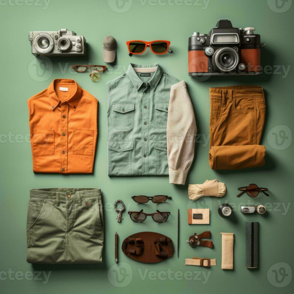 tourist voyager Vintage Knolling Flat Lays vogue photo stylish clothes fashion collection set