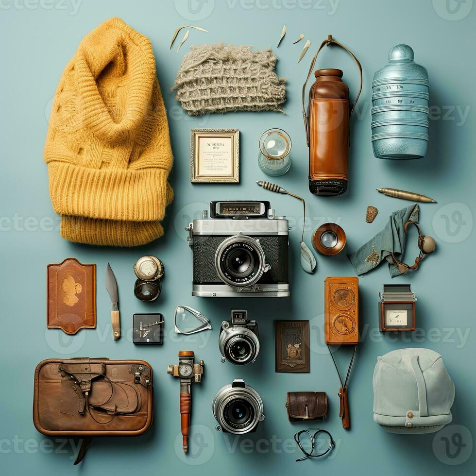 tourist voyager Vintage Knolling Flat Lays vogue photo stylish clothes fashion collection set