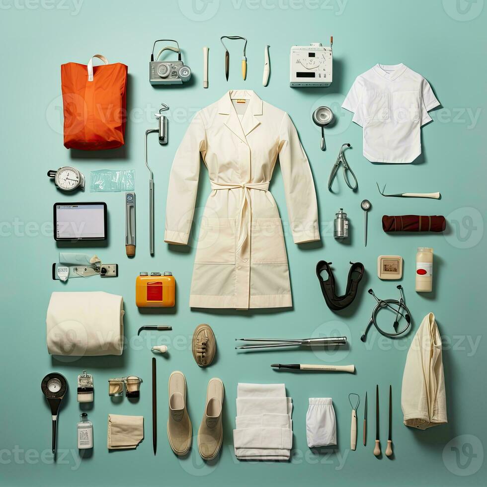 medic doctor Vintage Knolling Flat Lays vogue photo salon stylish clothes fashion collection set