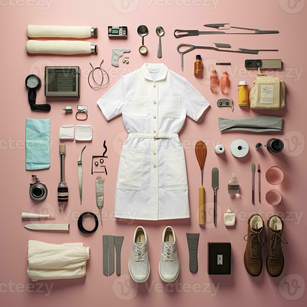 medic doctor Vintage Knolling Flat Lays vogue photo salon stylish clothes fashion collection set