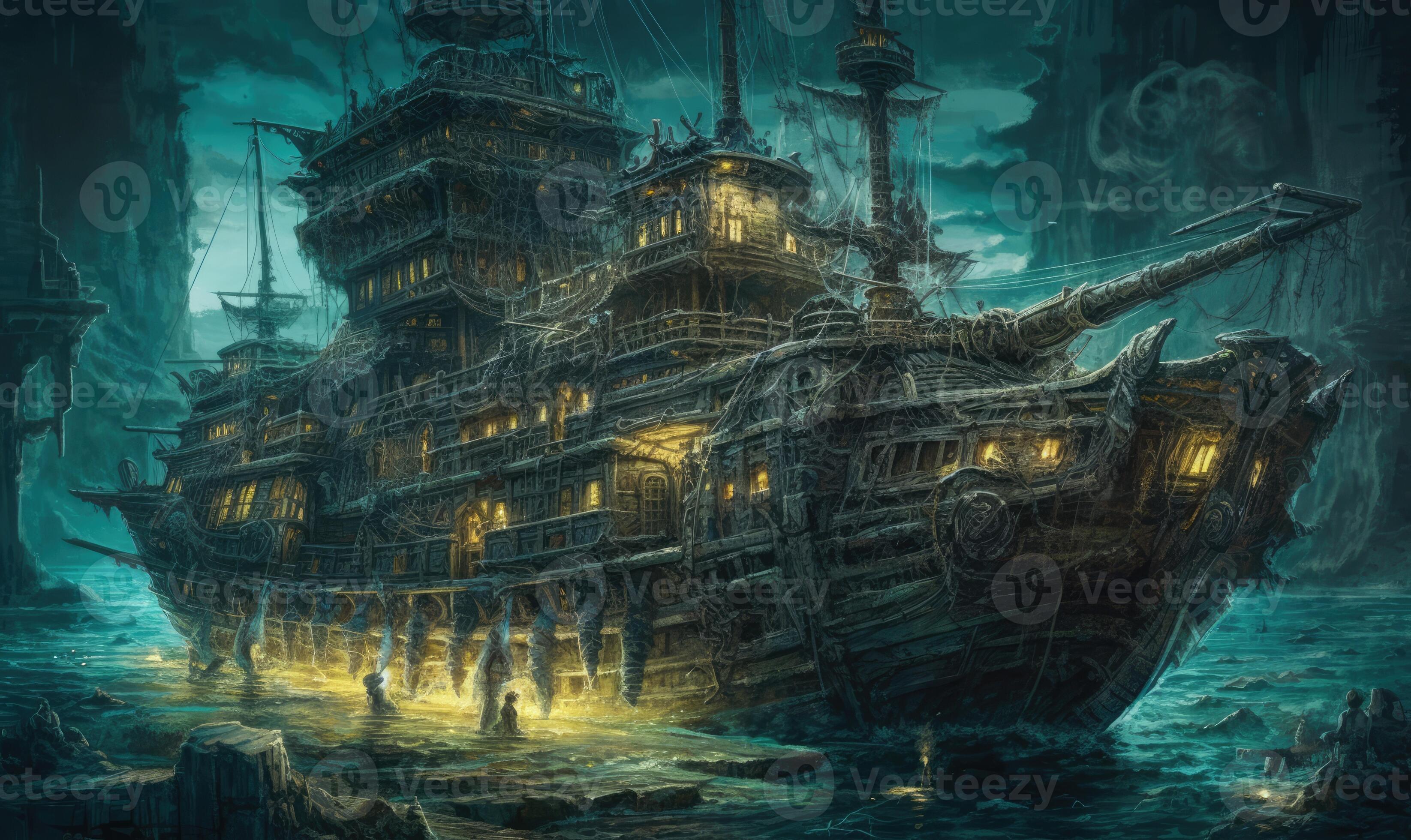 ship sea ocean old pirate landscape city mystic poster alien steampunk