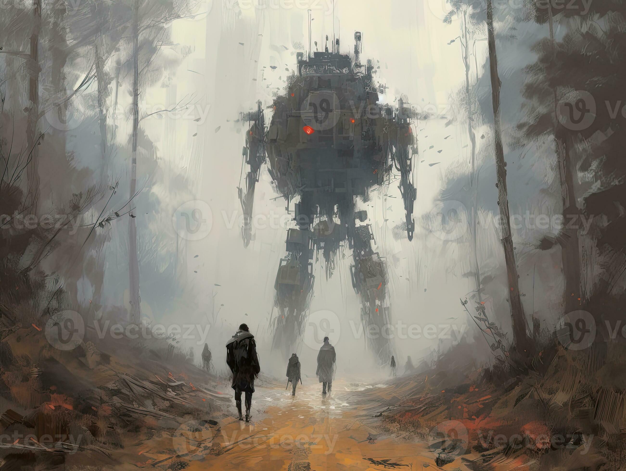 Steampunk Combat Robots Front View Stock Illustration