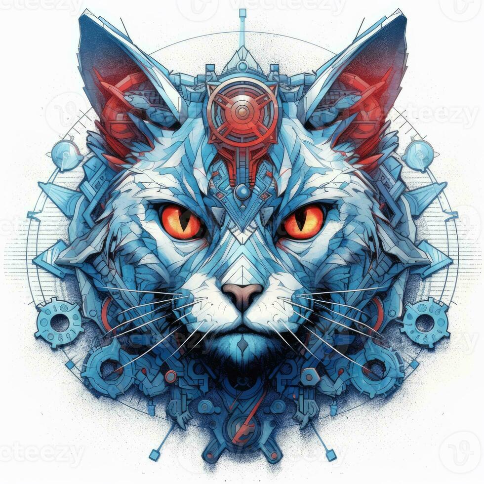 cat portrait big eyes gears abstract illustration tattoo industrial poster art geometric vector steampunk photo