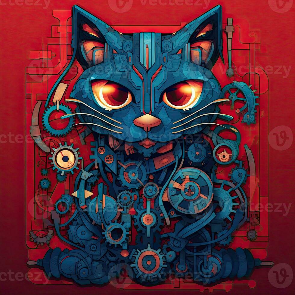 cat portrait big eyes gears abstract illustration tattoo industrial poster art geometric vector steampunk photo