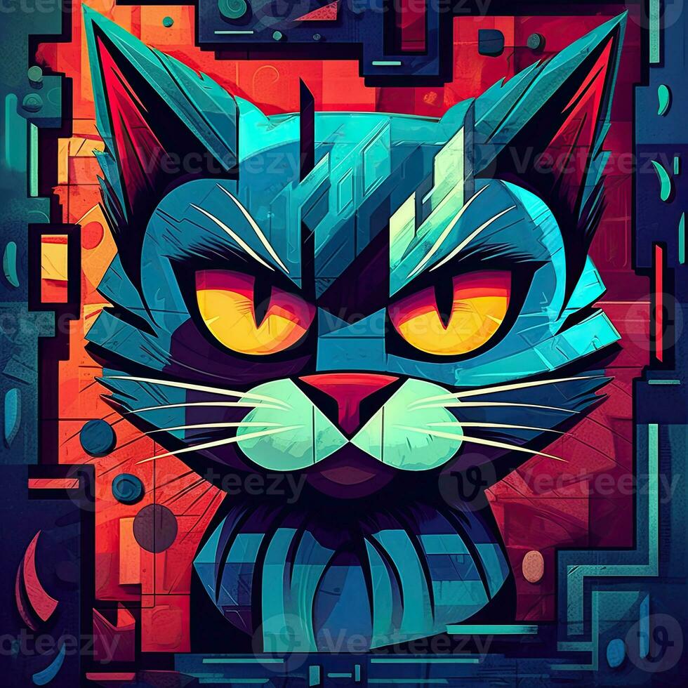 cat portrait big eyes gears abstract illustration tattoo industrial poster art geometric vector steampunk photo