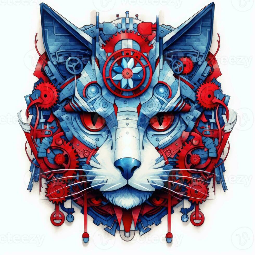 cat portrait big eyes gears abstract illustration tattoo industrial poster art geometric vector steampunk photo