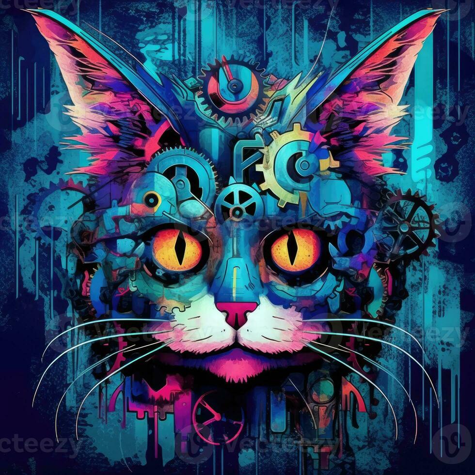 cat portrait big eyes gears abstract illustration tattoo industrial poster art geometric vector steampunk photo