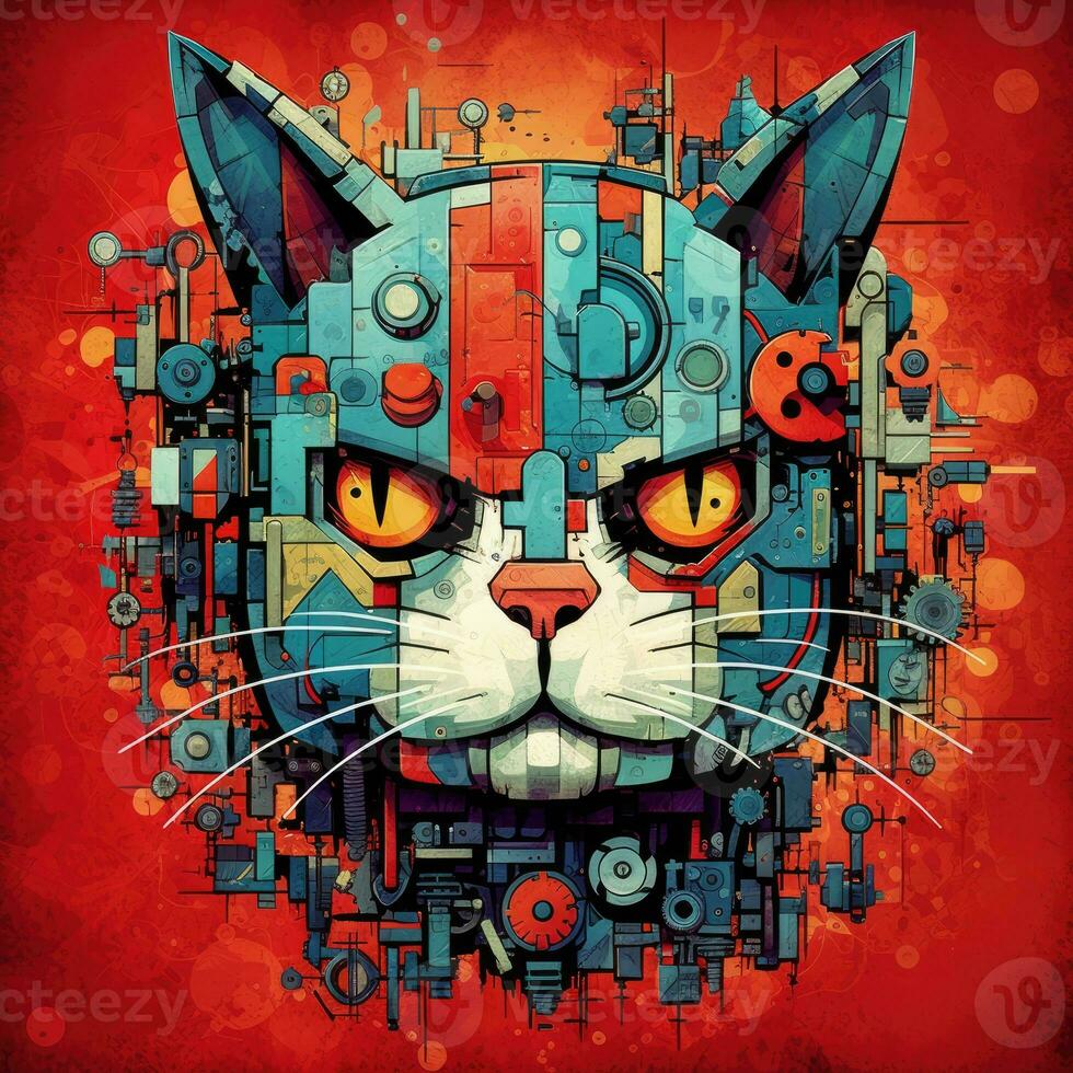 cat portrait big eyes gears abstract illustration tattoo industrial poster art geometric vector steampunk photo