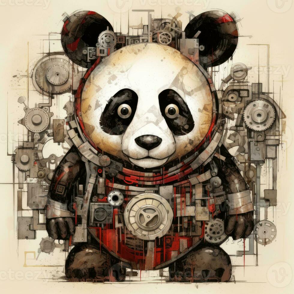 panda face portrait abstract illustration tattoo industrial poster art geometric vector steampunk photo