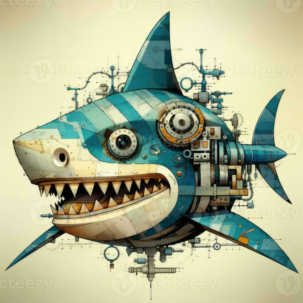 tiburón retrato cara resumen ilustración tatuaje industrial póster Arte geométrico vector Steampunk foto